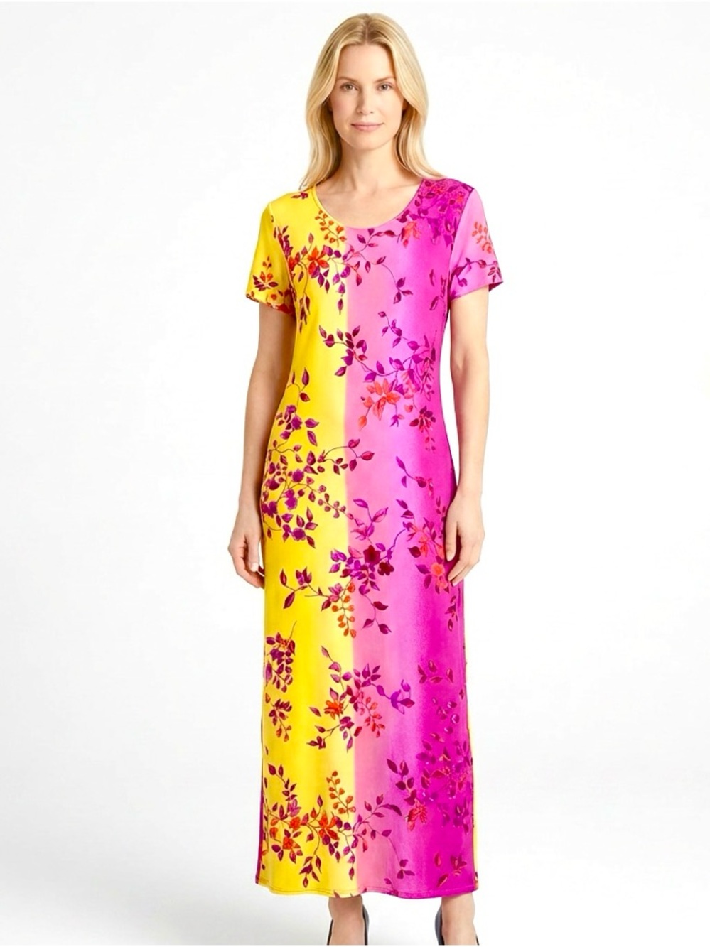 Vintage Connie Choi Size Large Yellow and Pink Rayon Maxi Dress